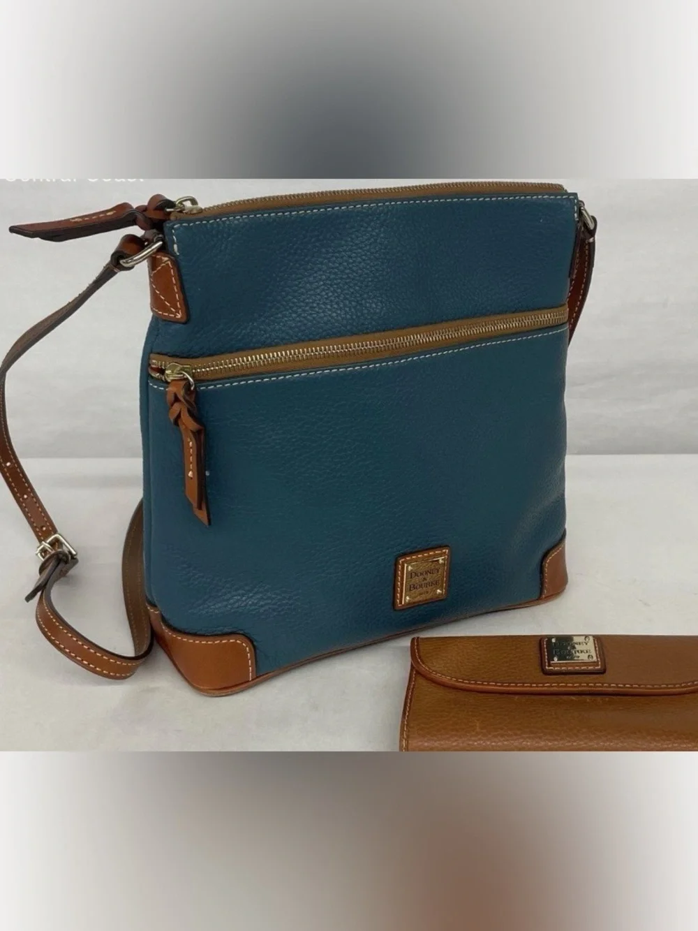 Dooney & Bourke Teal Leather Crossbody with Tan Trim and Gold Hardware